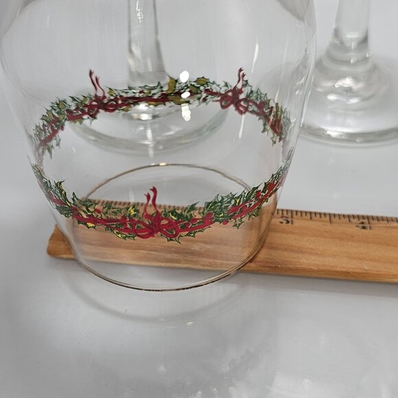 4 Libbey Ribbon Holly Goblets 7.5" water wine gold rim festive holiday Christmas - Picture 8 of 14